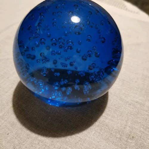 Vintage paperweight used, deep blue with bubbles