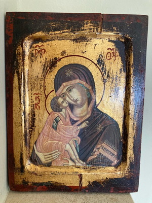 Wooden icon of Virgin Mary with Divine Infant used, Byzantine style