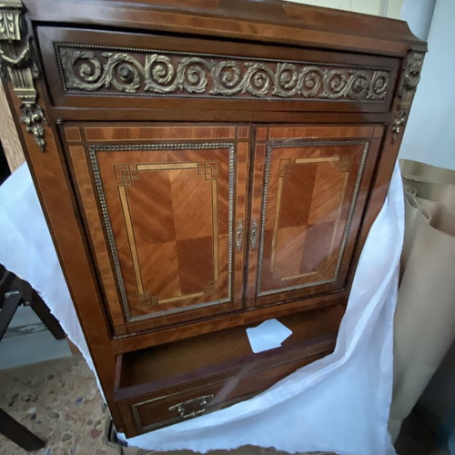 Classic wooden bar cabinet with marquetry and brass details, like new