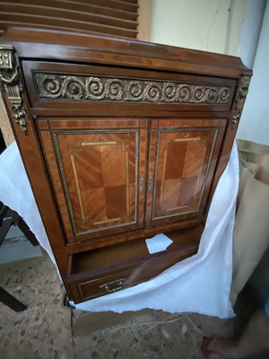 Classic wooden bar cabinet with marquetry and brass details, like new