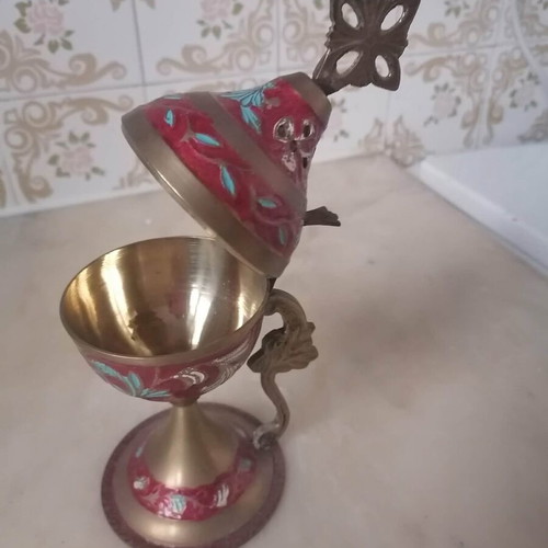 Copper incense burner new, 20cm with painted lid and base