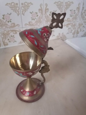 Copper incense burner new, 20cm with painted lid and base
