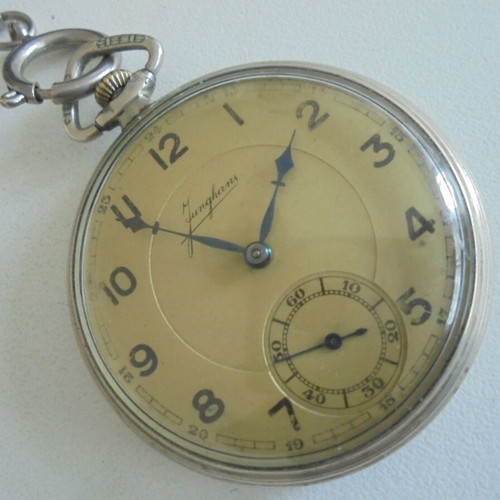 Junghans vintage pocket watch used, men's, beige and silver