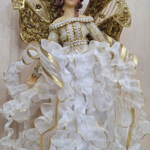 White hanging angel with gold wings, porcelain body