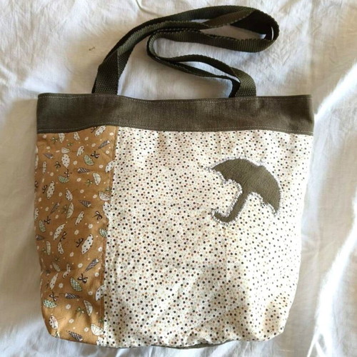 Handmade tote shoulder bag with appliqué umbrella new, beige multicolor