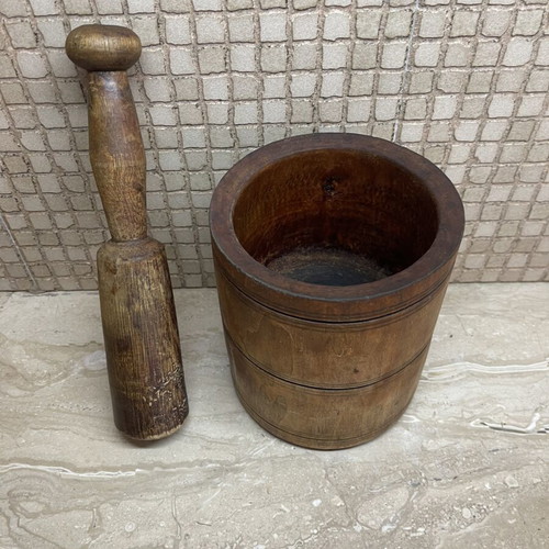 Vintage Wooden Mortar and Pestle Set used, solid wood kitchenware