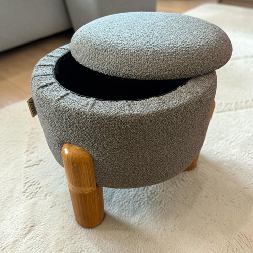 Teddy Bouclé Round Pouf with Storage 35x35x35cm New, Gray