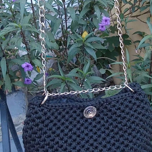 Handmade 2-in-1 black knitted bag with silver lurex and chain