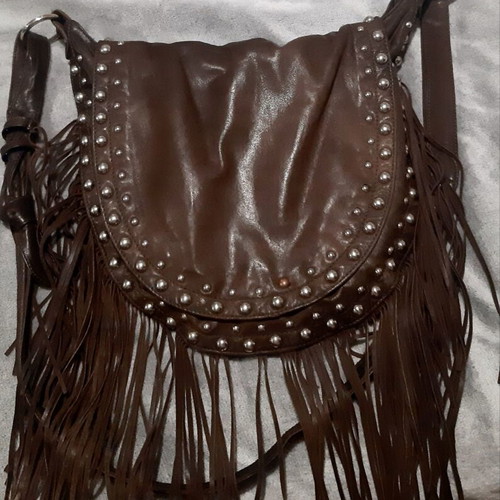 Zara vintage shoulder bag used, brown leather with fringes and studs