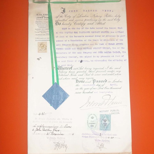 Power of Attorney document used from English insurance company for Greek contracts 1926