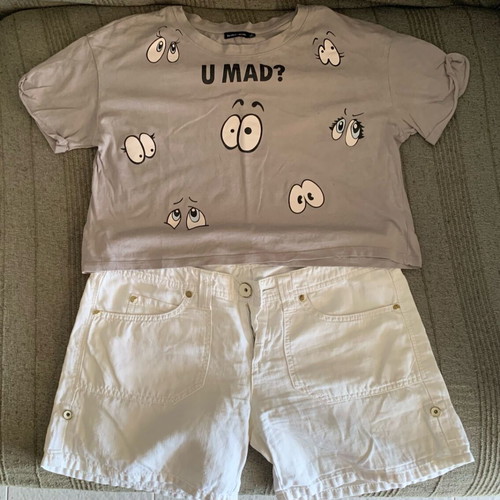Sisley white shorts and Bershka beige crop top set like new