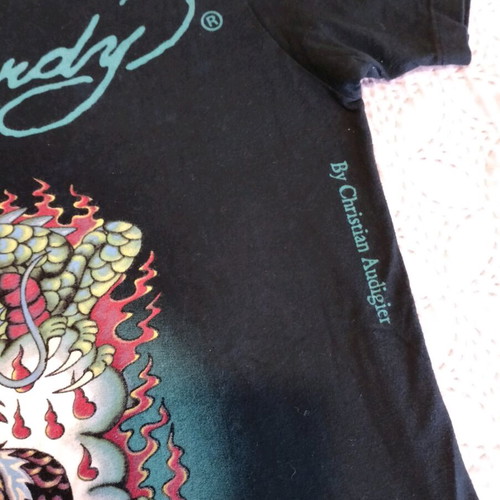 Ed Hardy T-shirt used in good condition, size S, black with multicolor design