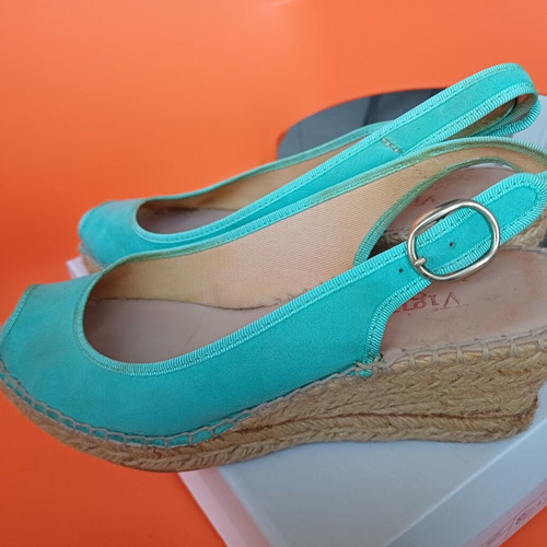 Viguera women's summer espadrille platform peep toe shoes used, mint