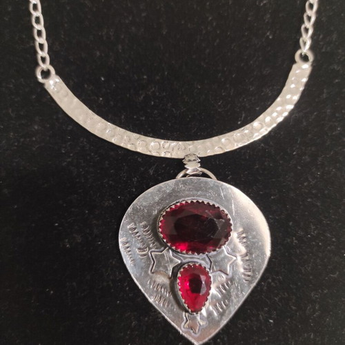 Ethnic Silver Necklace with Garnet Stone New, 40 cm Chain