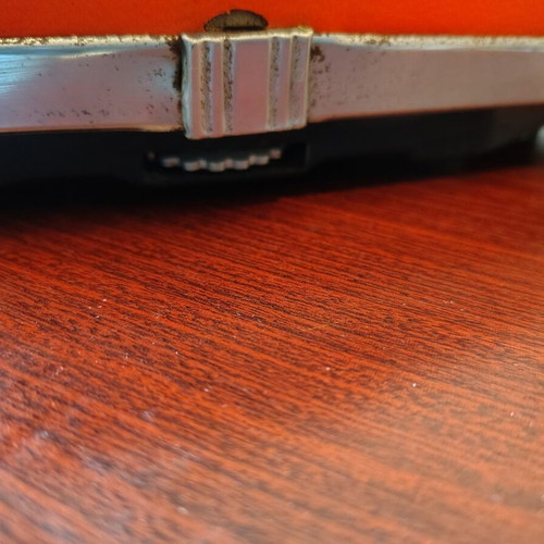 Vintage home scale with leather and inox details, 60s-70s