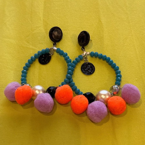 Colorful hoop earrings used handmade with pom poms and button closure