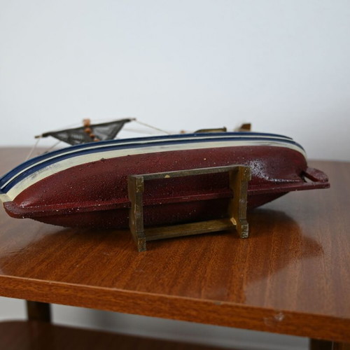 Handmade wooden fishing boat model used, decorative with base
