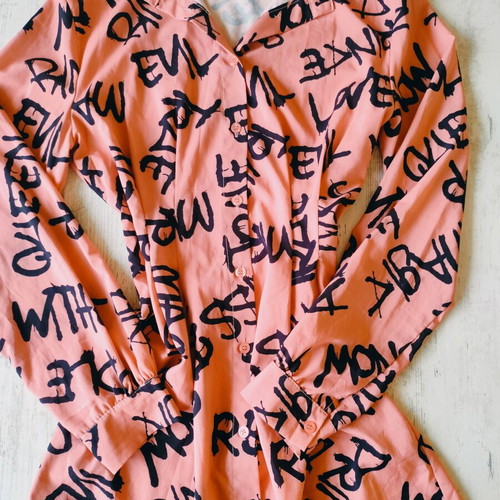 Shirt dress or tunic new, peach color with black graffiti