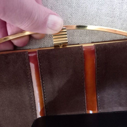 Women's evening shoulder bag used brown suede with stripes