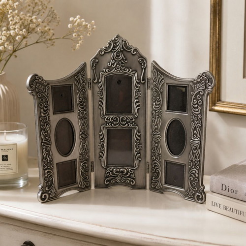 Godinger Victorian Bouquets Silver Plated 3-Panel Folding Photo Frame