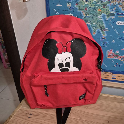 Hand-painted red backpack with Minnie Mouse design