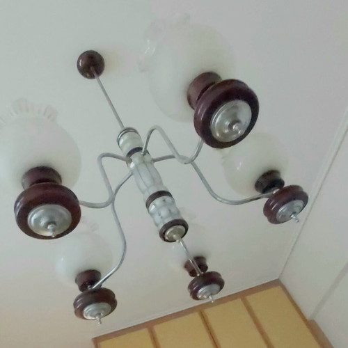 Φωτιστικό οροφής vintage 70s 5φωτο με inox σκελετό και ξύλινα στοιχεία