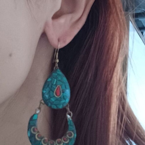 Bronze hanging earrings like new, green and red