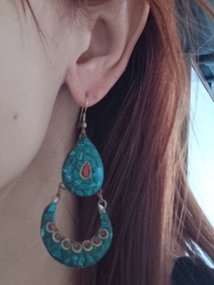 Bronze hanging earrings like new, green and red