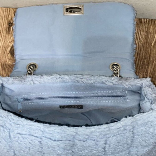 Fur bag with silver chain like new, blue and silver