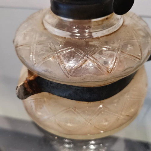 Oil lamp used vintage with embossed geometric design, glass