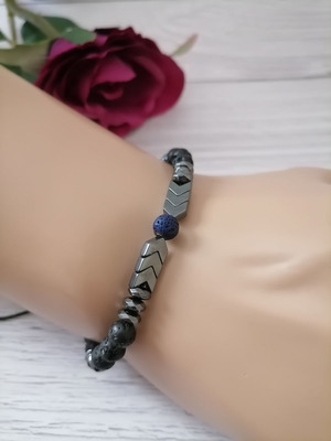 Unisex energy black bracelet with black & blue lava and hematite arrow