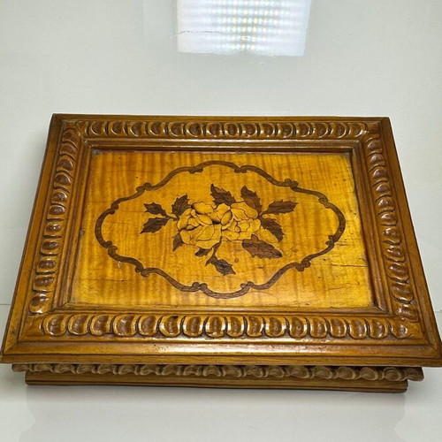 Vintage handmade wooden jewelry box used with carved floral marquetry