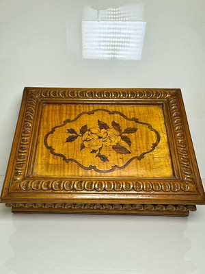 Vintage handmade wooden jewelry box used with carved floral marquetry