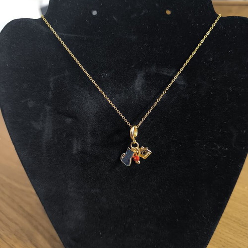 Gold Tone Necklace with Cat, House, and Red Bow Charms