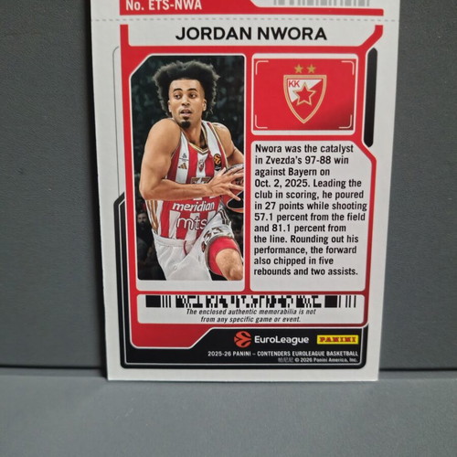 2025-26 Panini Contenders EuroLeague Jordan Nwora Patch like new