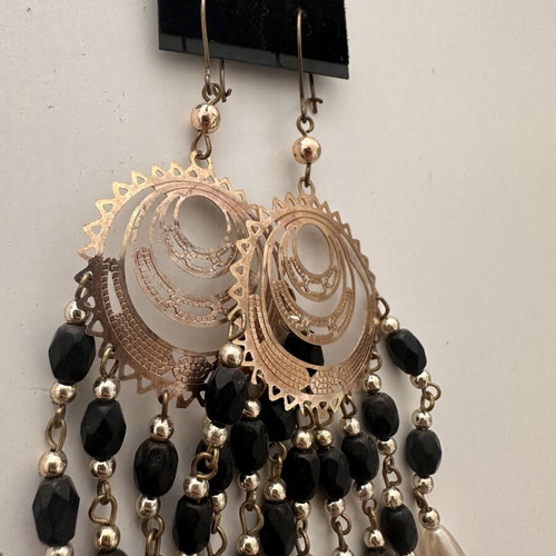 Boho hanging earrings used, black and gold tone