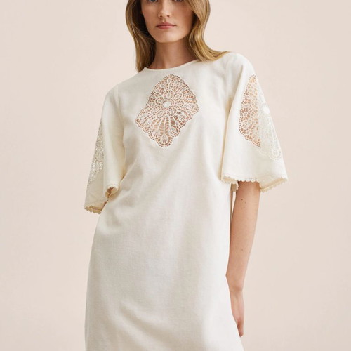 Mango mini dress Small used with applique embroidery beige
