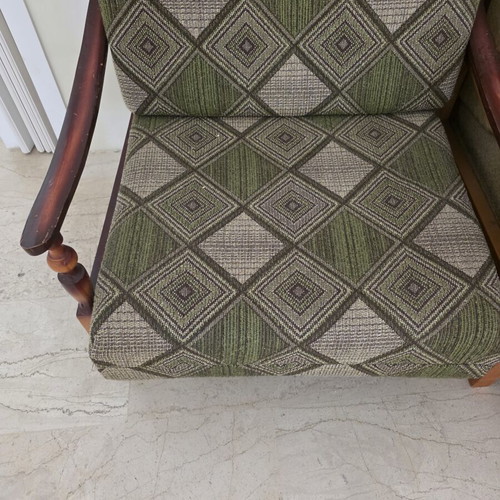 Vintage wooden armchair bed like new with green checkered pattern