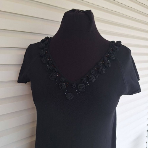 Black blouse new with decorative organza roses neckline, size M