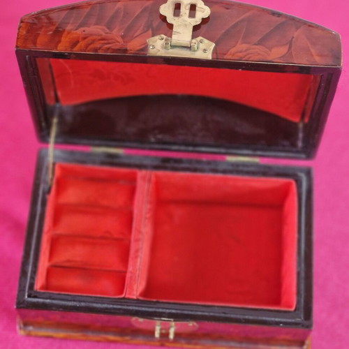 Wooden vintage jewelry box used, Chinese style with ring slots