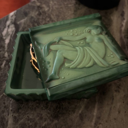 Art Deco Malachite Glass Jewelry Box with Embossed Water Nymph, Vintage
