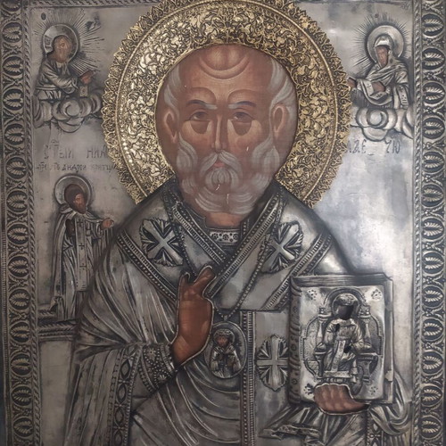 Saint Nicholas icon like new with alpaca and gilded halo