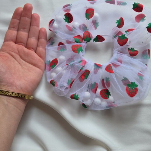 Handmade white transparent hair scrunchie with strawberries and glitter new
