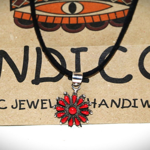 Pendant necklace with raw red coral and 925 sterling silver Navajo Indian