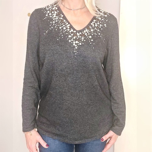 Leonard's women's blouse size L 42 gray with pearls and beads like new