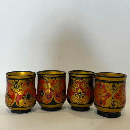 Set of 4 vintage Russian wooden glasses used, hand-painted