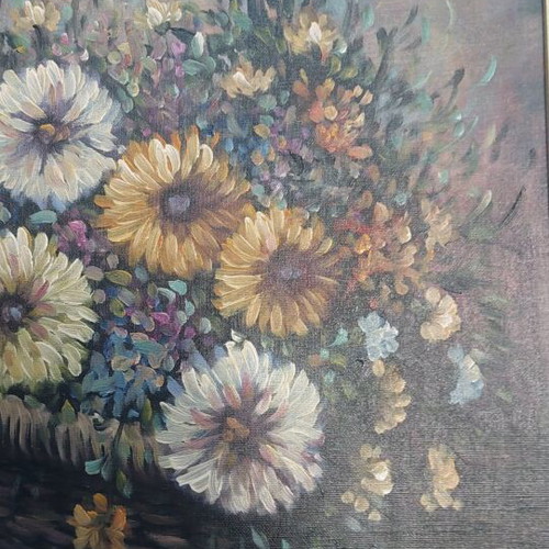 Vintage oil painting on canvas used, still life with flowers and frame