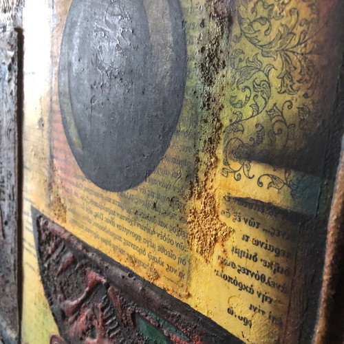 Painting Ekremes used, oil, sand, collage 57x138cm