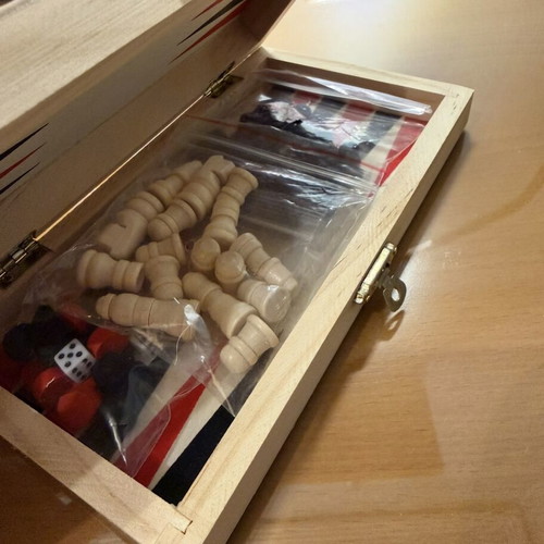 Wooden 3-in-1 Chess, Backgammon & Checkers Set Travel Size new