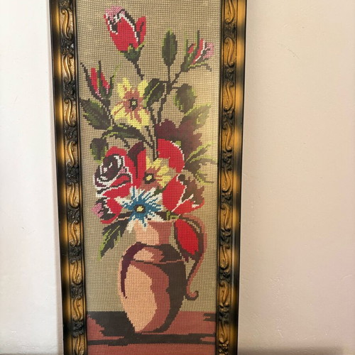 Vintage embroidery on canvas with floral vase, used
